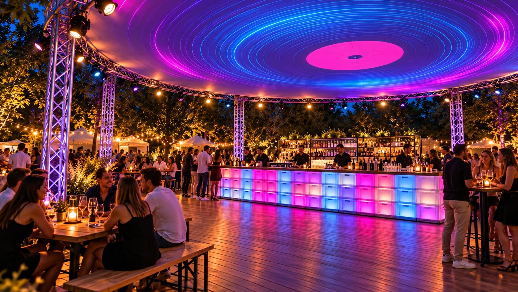 Die Bar aus bunt leuchtenden Getränkekisten, Gäste an Tischen unter der Neon-Vinyl-Platte