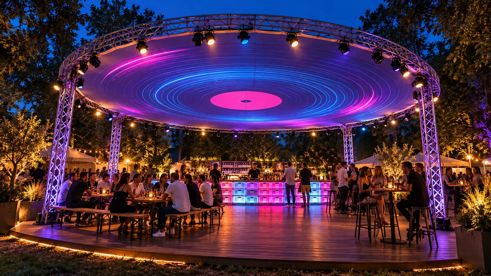 Die «Schallplatte»: eine riesige, in Neon leuchtende Vinyl-Platte als Dach über der Bar aus beleuchteten Getränkekisten im Kurpark