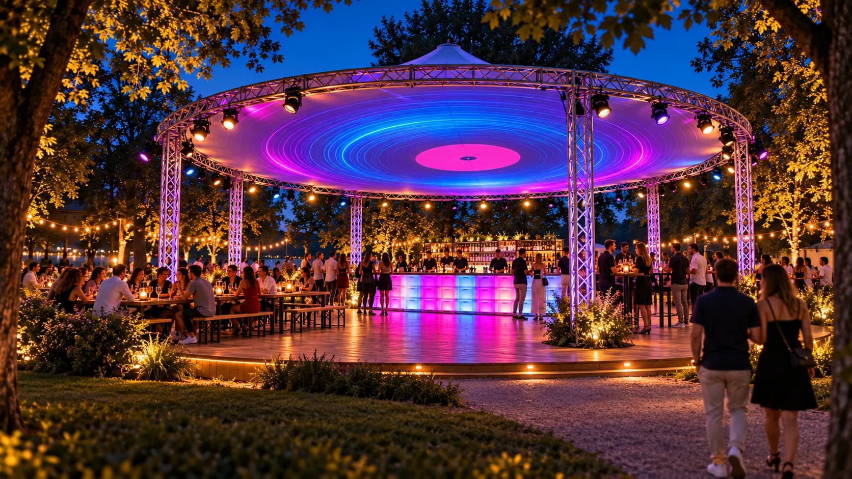Gesamtansicht der Schallplatte im Kurpark: runde Neon-Vinyl-Platte als Dach über Bar und Beiz